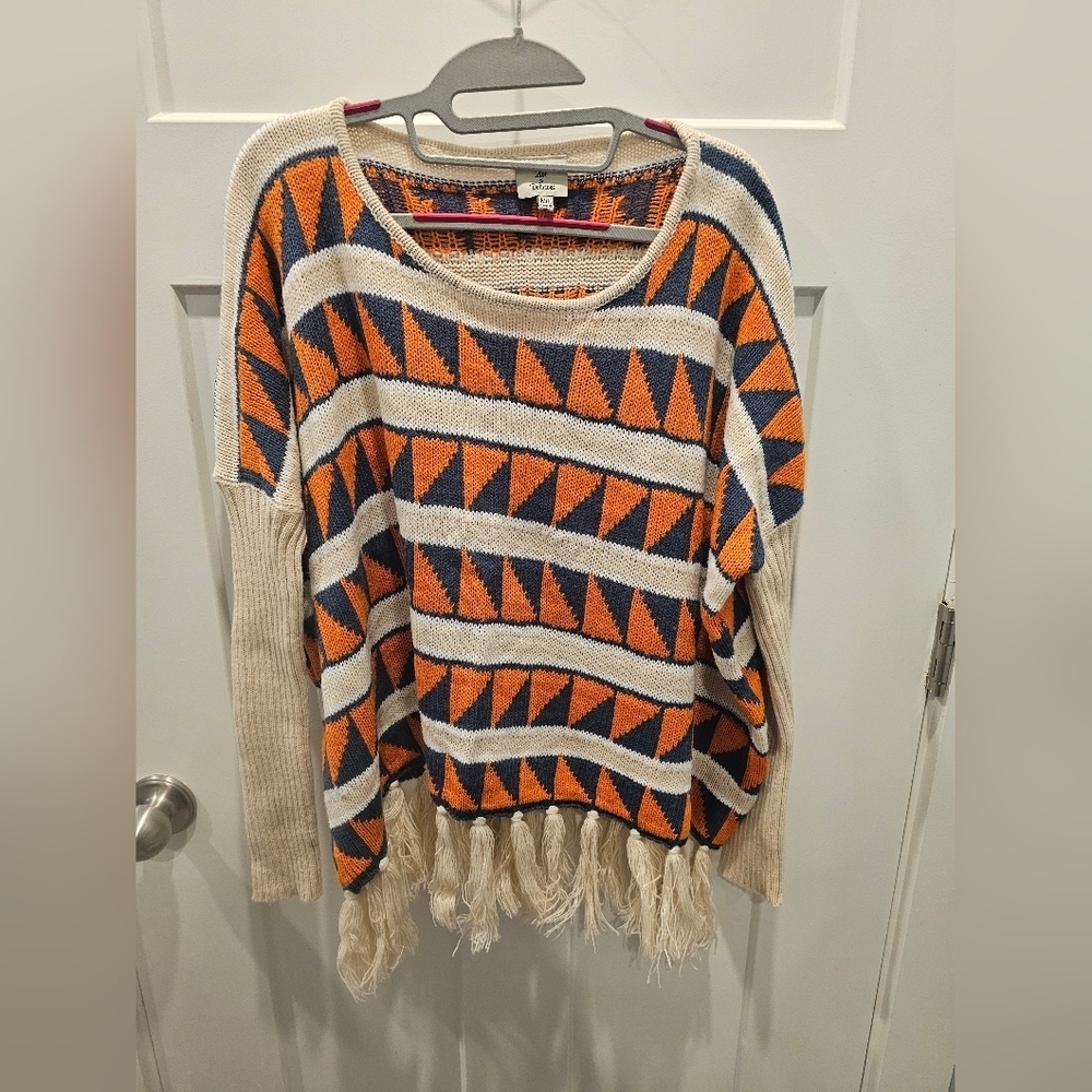 Hot & Delicious Geometric Fringe Hem Sweater M/L Orange Navy Cream Boho Knit Pul